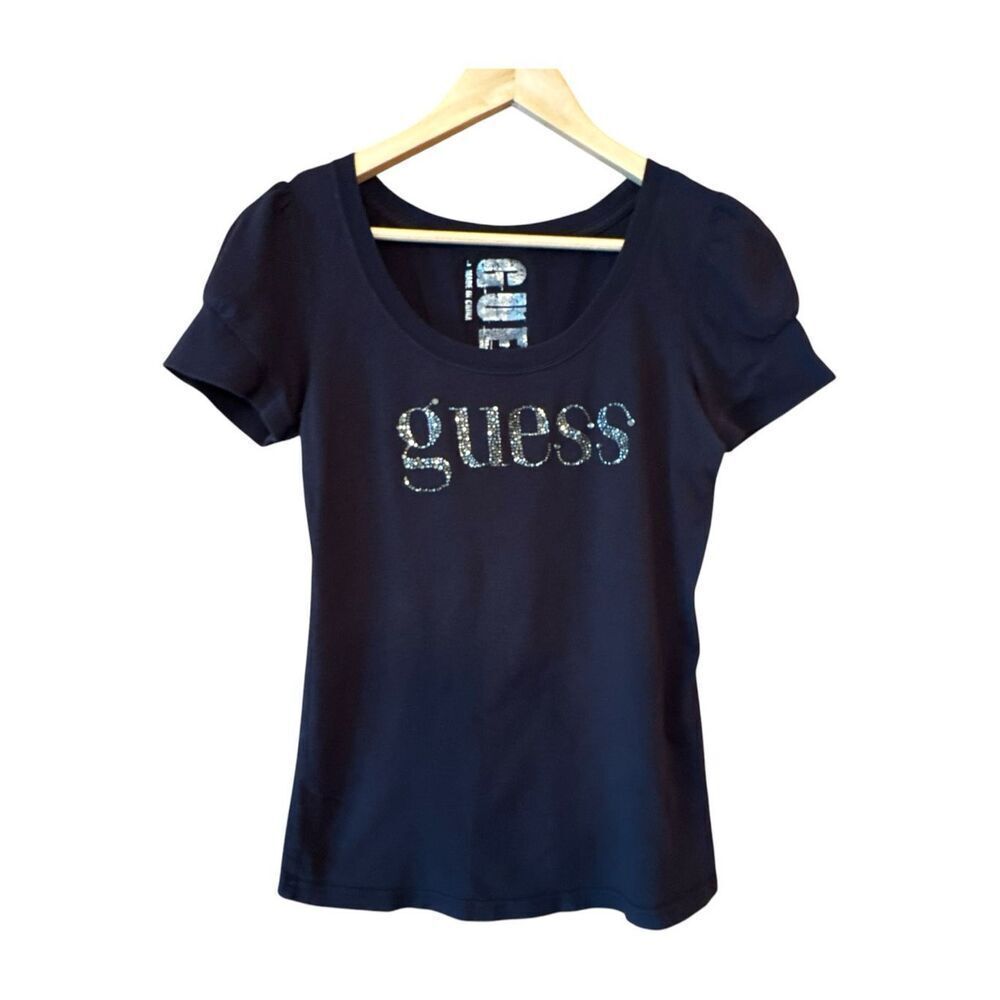GUESS Y2K Black Rhinestone Logo Baby Tee Fitted Short Sleeve Glam Grunge Graphic